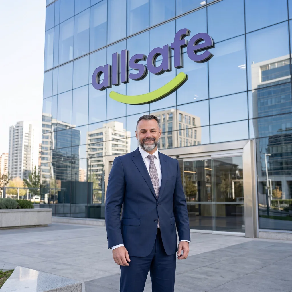 Executivo de terno sorrindo em frente ao prédio de vidro com o logo Allsafe