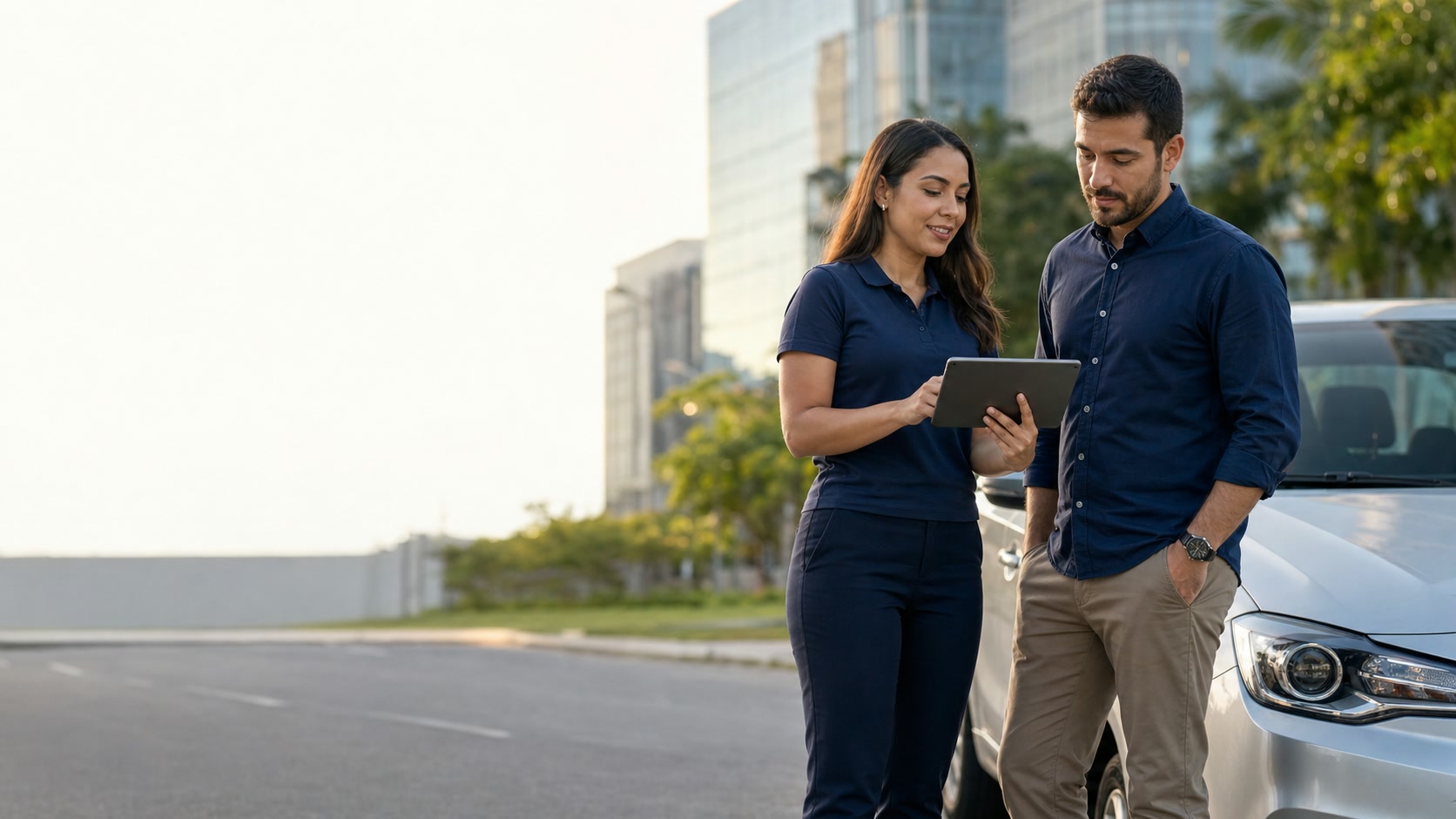 Licenciada apresenta o seguro auto em um tablet a um futuro licenciado ao lado de um carro